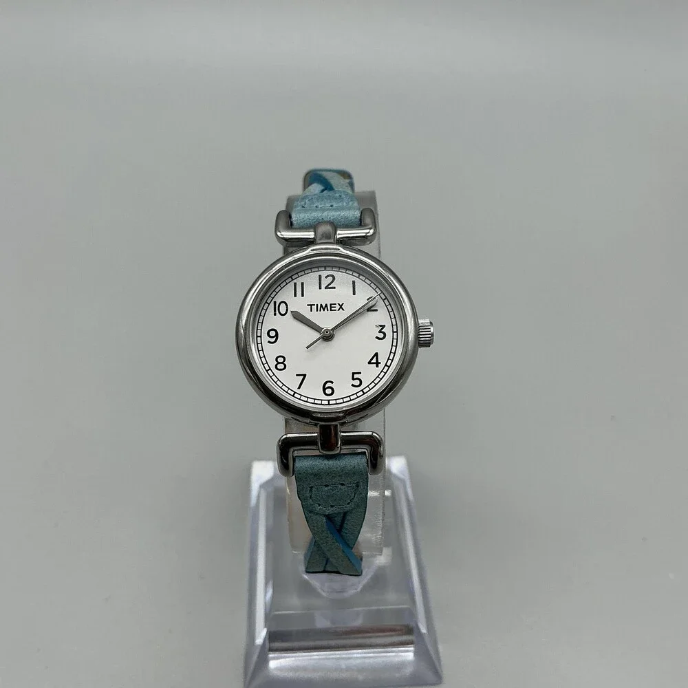 Timex Womens Watch 25mm White Dial Blue Leather Braided Strap New Battery